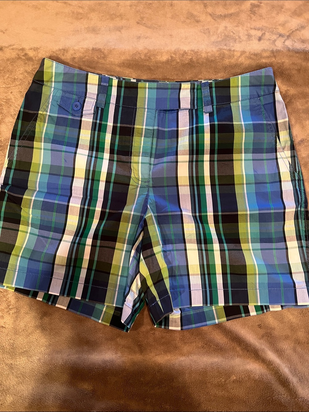 Jones New York Plaid Bermuda Shorts - Blue, Green & White